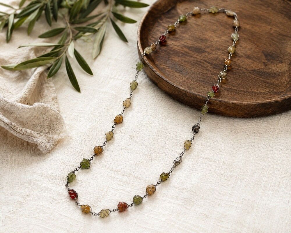 Vintage Wire Wrapped Mixed Gemstone Necklace Long Boho Artisan Opera Length 32"